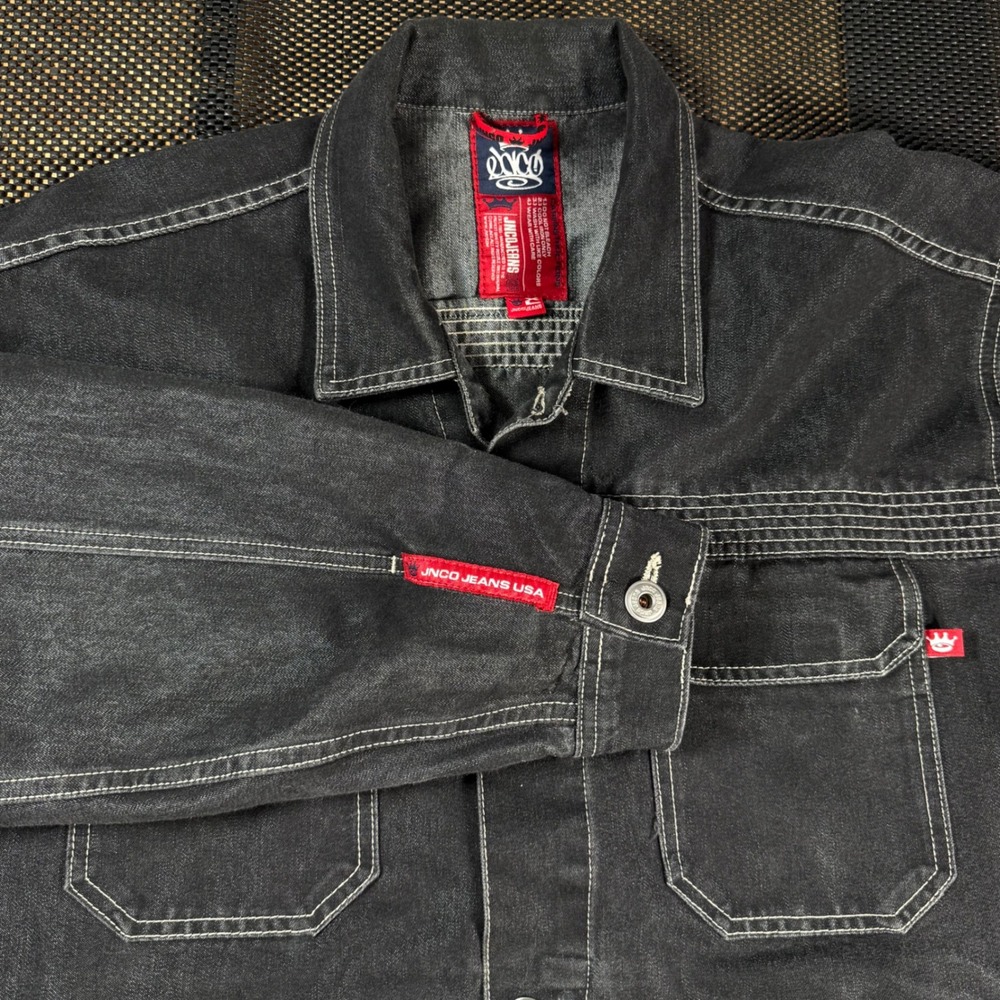 JNCO Jeans Vintage Denim Trucker Jacket Mens XL Black Contrast Stitch USA Made - Picture 8 of 9